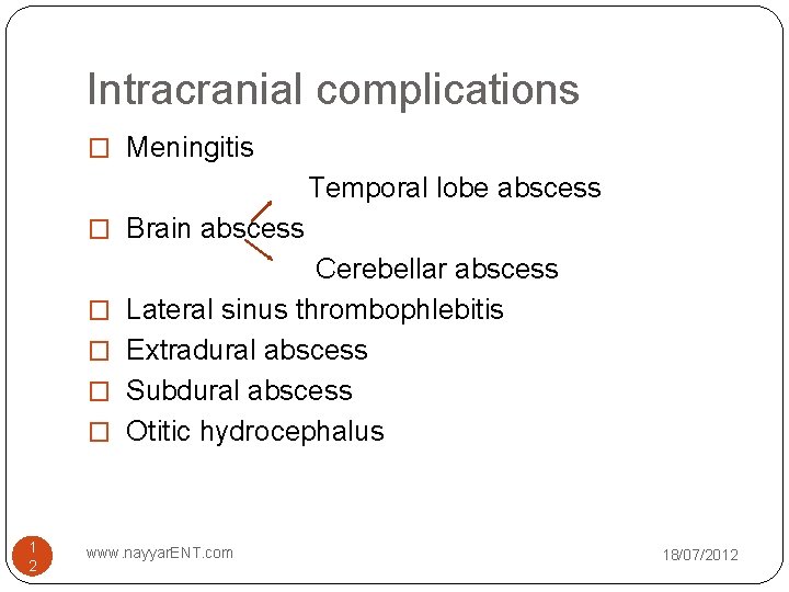 Intracranial complications � Meningitis Temporal lobe abscess � Brain abscess � � 1 2