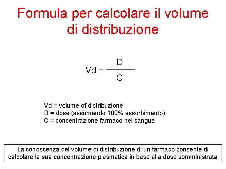 Formula per calcolare il volume di distribuzione Vd = D C Vd = volume