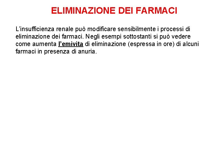 ELIMINAZIONE DEI FARMACI L’insufficienza renale può modificare sensibilmente i processi di eliminazione dei farmaci.