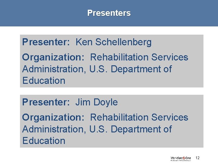 Presenters Presenter: Ken Schellenberg Organization: Rehabilitation Services Administration, U. S. Department of Education Presenter: