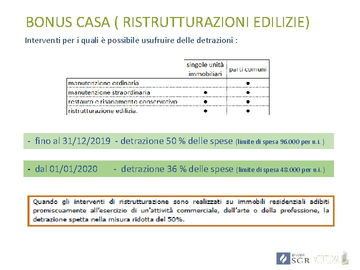 BONUS CASA ( RISTRUTTURAZIONI EDILIZIE) Interventi per i quali è possibile usufruire delle detrazioni