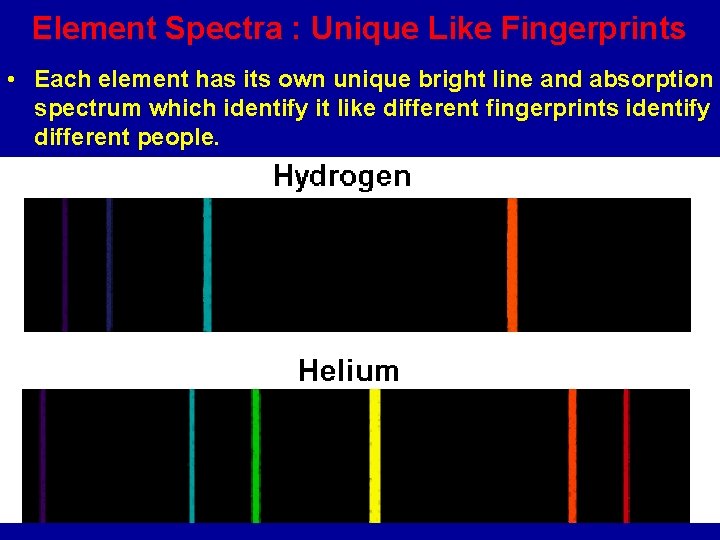 Element Spectra : Unique Like Fingerprints • Each element has its own unique bright