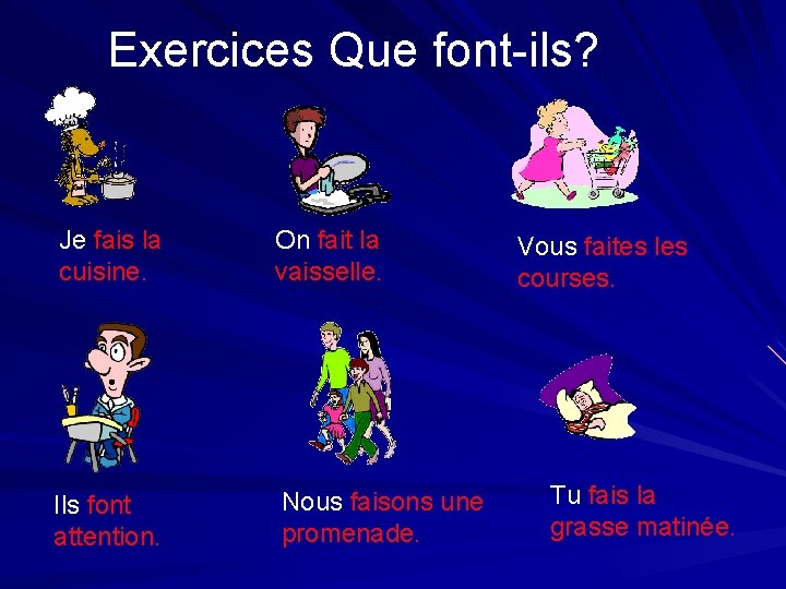 Exercices Que font-ils? Je fais la cuisine. On fait la vaisselle. Ils font attention.