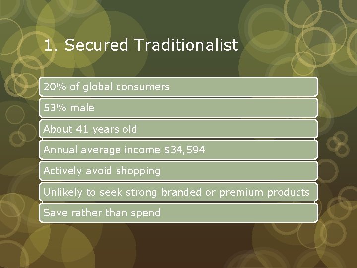 1. Secured Traditionalist 20% of global consumers 53% male About 41 years old Annual