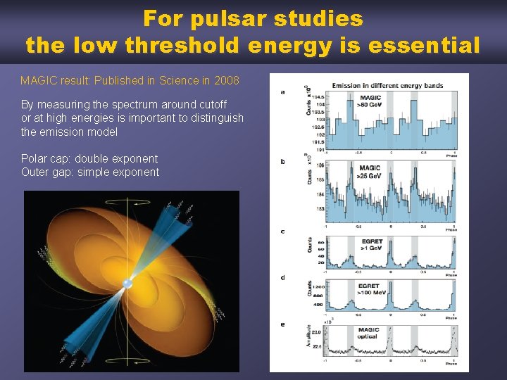 Published in Science For pulsar studies the low threshold energy is essential MAGIC result: