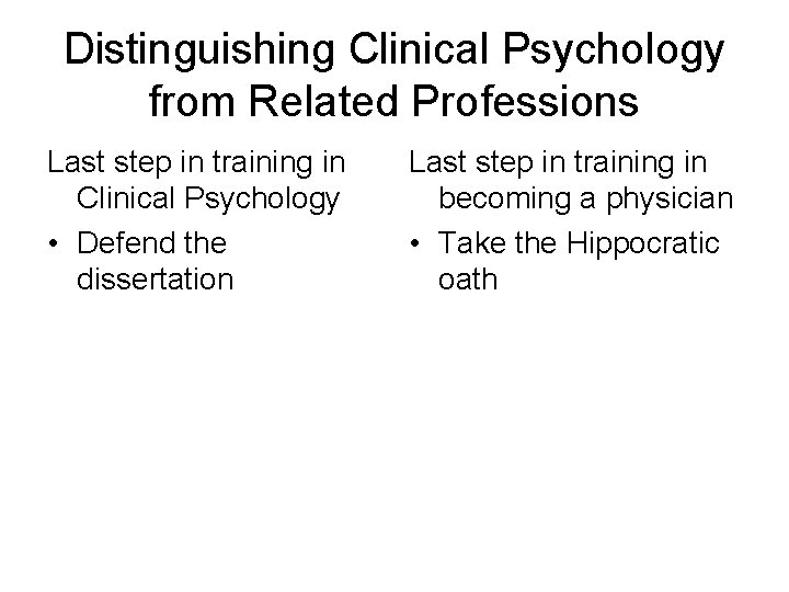Distinguishing Clinical Psychology from Related Professions Last step in training in Clinical Psychology •