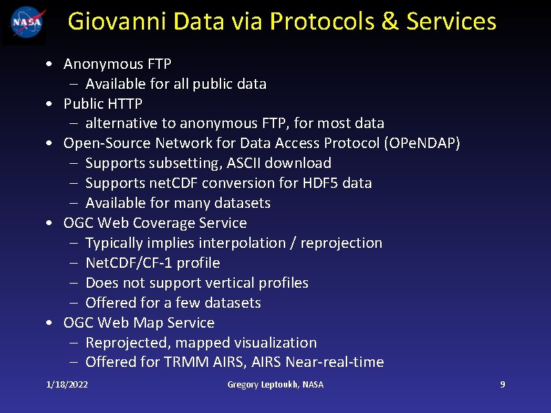 Giovanni Data via Protocols & Services • Anonymous FTP – Available for all public