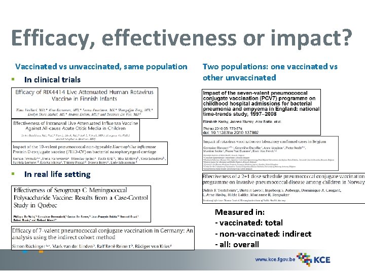 Efficacy, effectiveness or impact? Vaccinated vs unvaccinated, same population § In clinical trials §