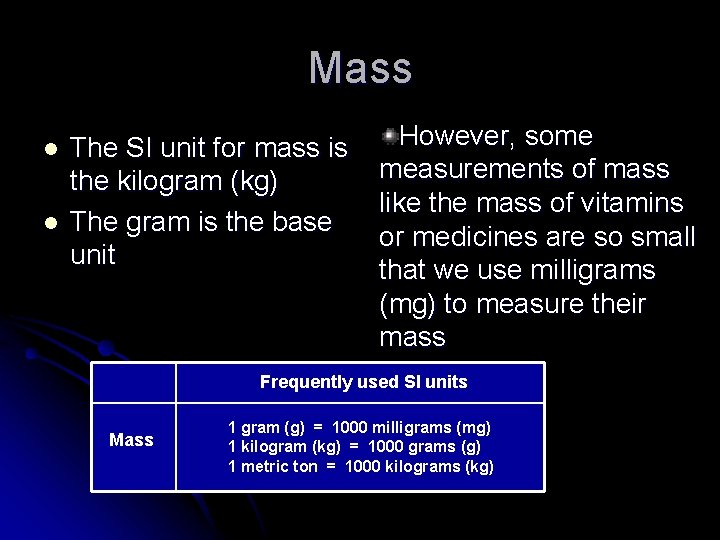 Mass l l The SI unit for mass is the kilogram (kg) The gram