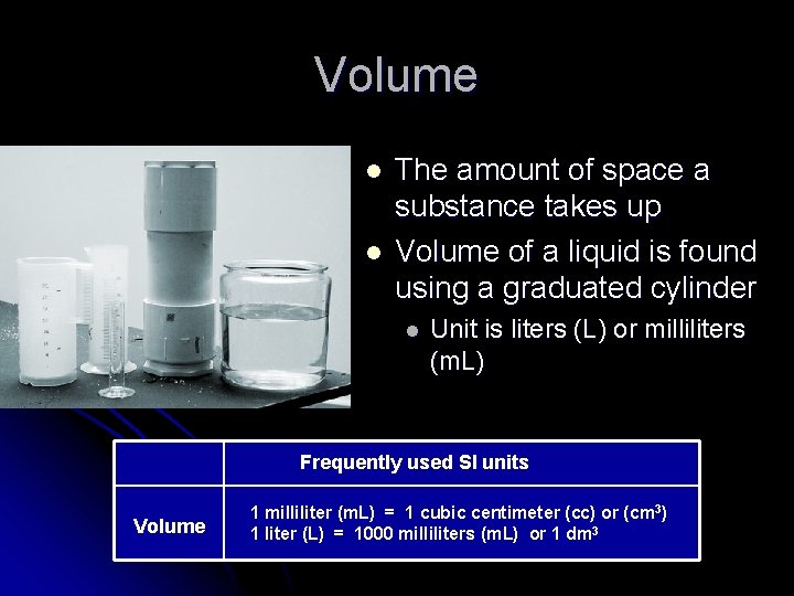 Volume l l The amount of space a substance takes up Volume of a