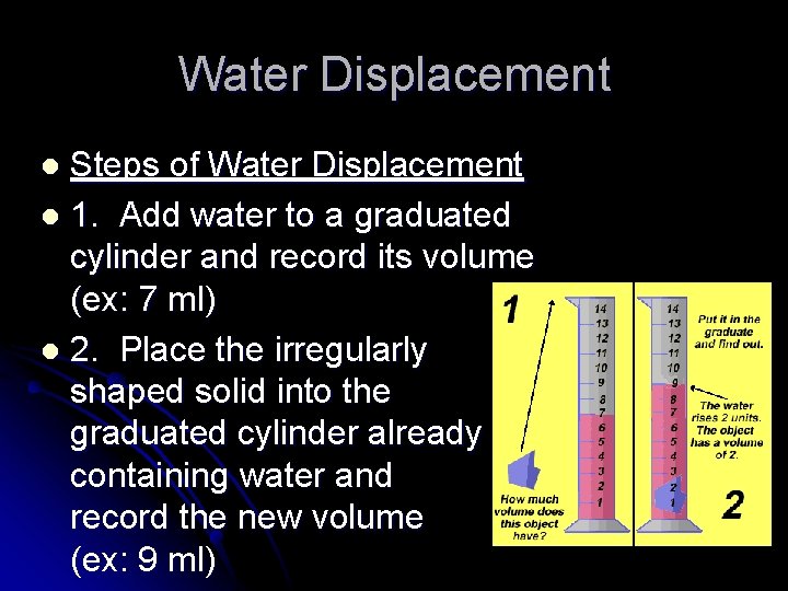 Water Displacement Steps of Water Displacement l 1. Add water to a graduated cylinder