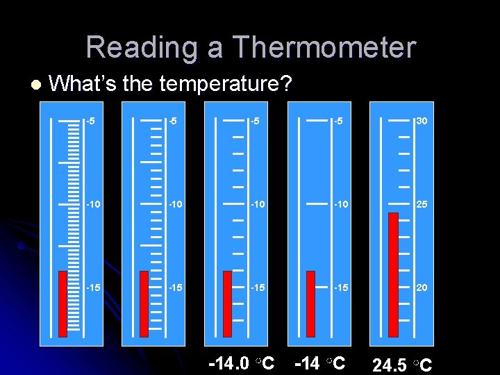 Reading a Thermometer l What’s the temperature? -5 -5 30 -10 -10 25 -15