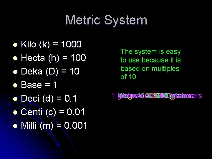 Metric System Kilo (k) = 1000 l Hecta (h) = 100 l Deka (D)