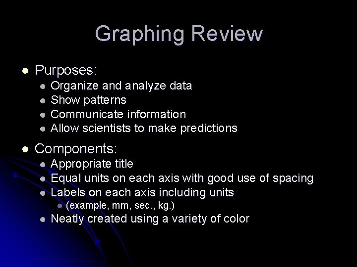 Graphing Review l Purposes: l l l Organize and analyze data Show patterns Communicate