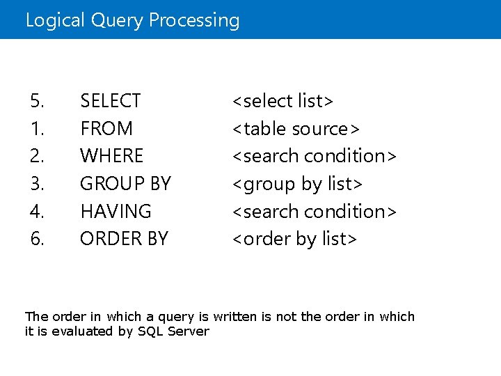 Logical Query Processing 5. 1. 2. 3. 4. 6. SELECT FROM WHERE GROUP BY Logical Query Processing 5. 1. 2. 3. 4. 6. SELECT FROM WHERE GROUP BY
