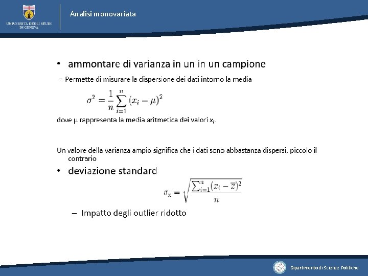 Analisi monovariata Dipartimento di Scienze Politiche Analisi monovariata Dipartimento di Scienze Politiche