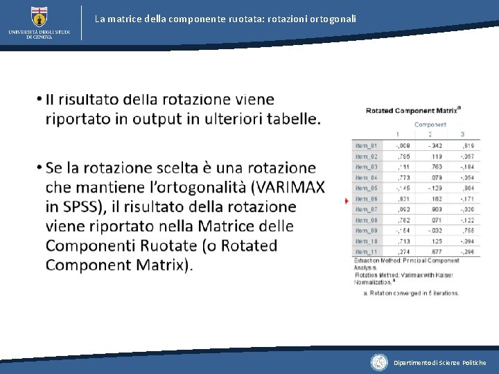 La matrice della componente ruotata: rotazioni ortogonali Dipartimento di Scienze Politiche 