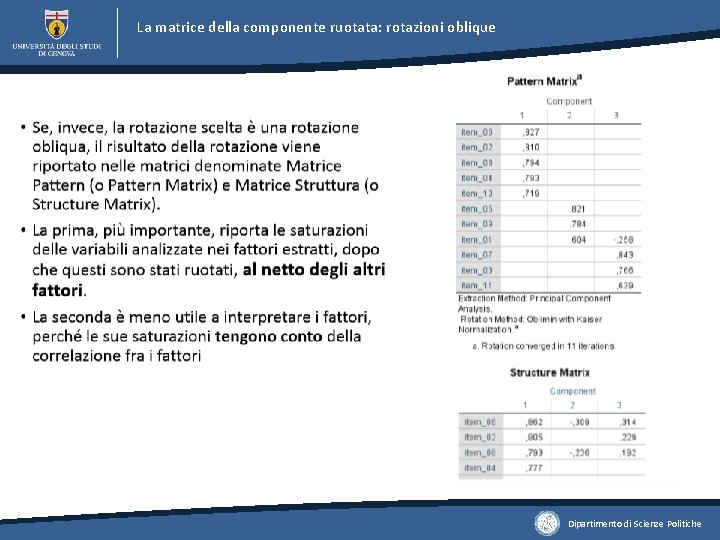 La matrice della componente ruotata: rotazioni oblique Dipartimento di Scienze Politiche 