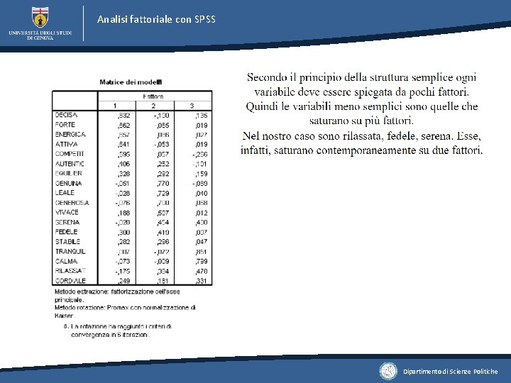 Analisi fattoriale con SPSS Dipartimento di Scienze Politiche 