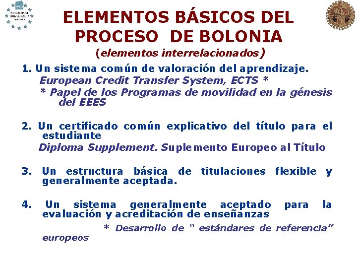 ELEMENTOS BÁSICOS DEL PROCESO DE BOLONIA (elementos interrelacionados) 1. Un sistema común de valoración