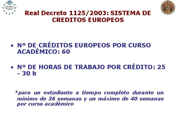 Real Decreto 1125/2003: SISTEMA DE CREDITOS EUROPEOS • Nº DE CRÉDITOS EUROPEOS POR CURSO