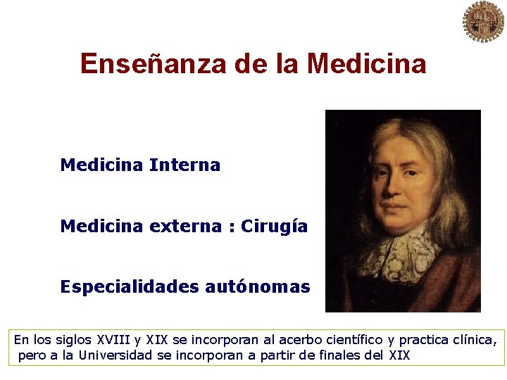 Enseñanza de la Medicina Interna Medicina externa : Cirugía Especialidades autónomas En los siglos