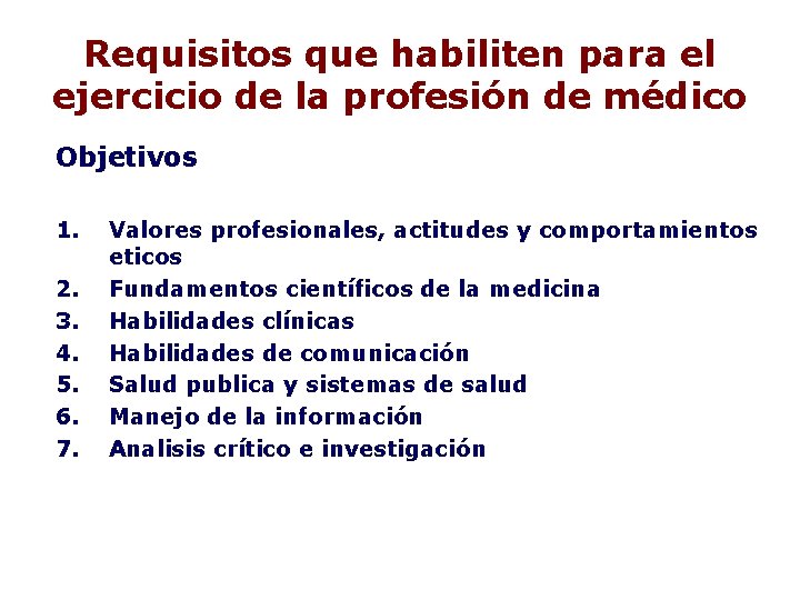 Requisitos que habiliten para el ejercicio de la profesión de médico Objetivos 1. 2.