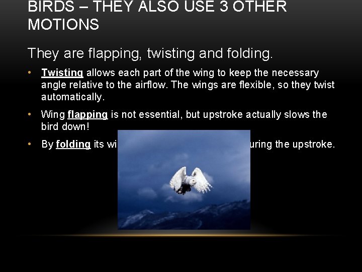 BIRDS – THEY ALSO USE 3 OTHER MOTIONS They are flapping, twisting and folding.