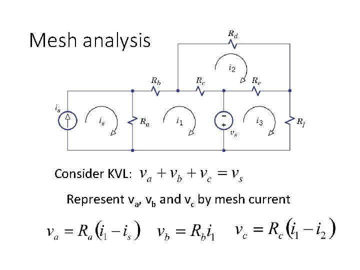 Mesh analysis Consider KVL: Represent va, vb and vc by mesh current Mesh analysis Consider KVL: Represent va, vb and vc by mesh current