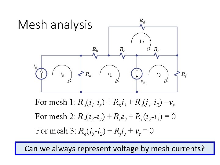 Mesh analysis For mesh 1: Ra(i 1 -is) + Rbi 1 + Rc(i 1 Mesh analysis For mesh 1: Ra(i 1 -is) + Rbi 1 + Rc(i 1