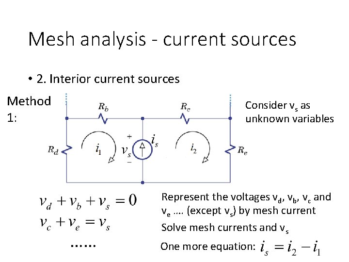 Mesh analysis - current sources • 2. Interior current sources Method 1: Consider vs Mesh analysis - current sources • 2. Interior current sources Method 1: Consider vs