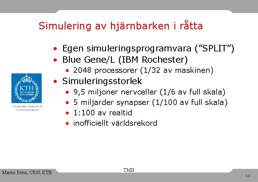 Simulering av hjärnbarken i råtta • Egen simuleringsprogramvara (”SPLIT”) • Blue Gene/L (IBM Rochester)