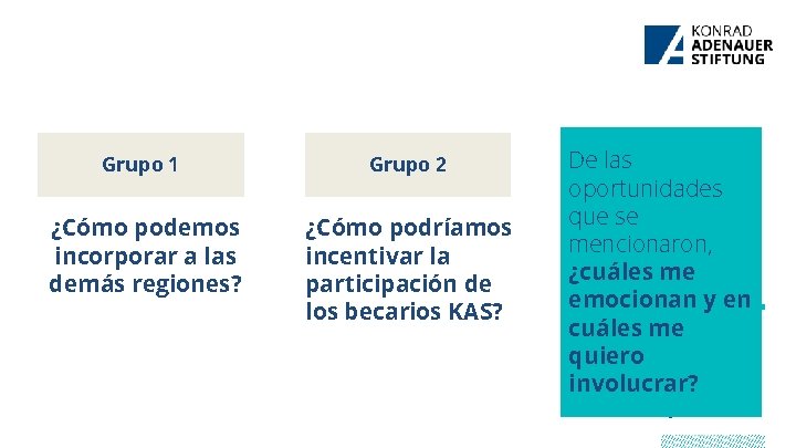 Grupo 1 Grupo 2 ¿Cómo podemos incorporar a las demás regiones? ¿Cómo podríamos incentivar
