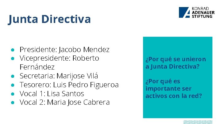 Junta Directiva ● Presidente: Jacobo Mendez ● Vicepresidente: Roberto Fernández ● Secretaria: Marijose Vilá