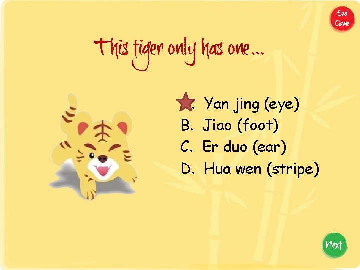 This tiger only has one… A. B. C. D. Yan jing (eye) Jiao (foot)