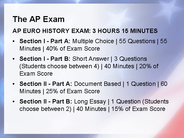 The AP Exam AP EURO HISTORY EXAM: 3 HOURS 15 MINUTES • Section I