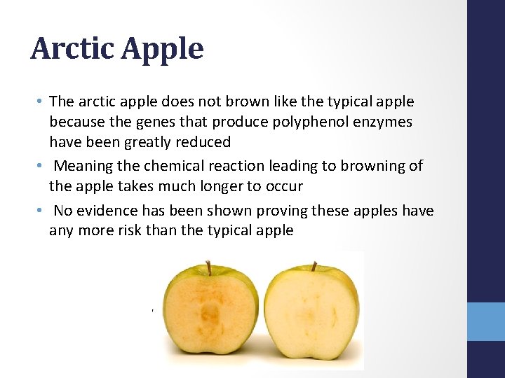 Arctic Apple • The arctic apple does not brown like the typical apple because