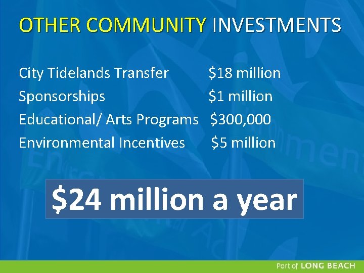 OTHER COMMUNITY INVESTMENTS City Tidelands Transfer Sponsorships Educational/ Arts Programs Environmental Incentives $18 million OTHER COMMUNITY INVESTMENTS City Tidelands Transfer Sponsorships Educational/ Arts Programs Environmental Incentives $18 million