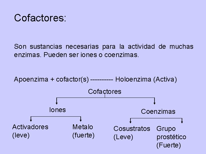 Cofactores: Son sustancias necesarias para la actividad de muchas enzimas. Pueden ser iones o