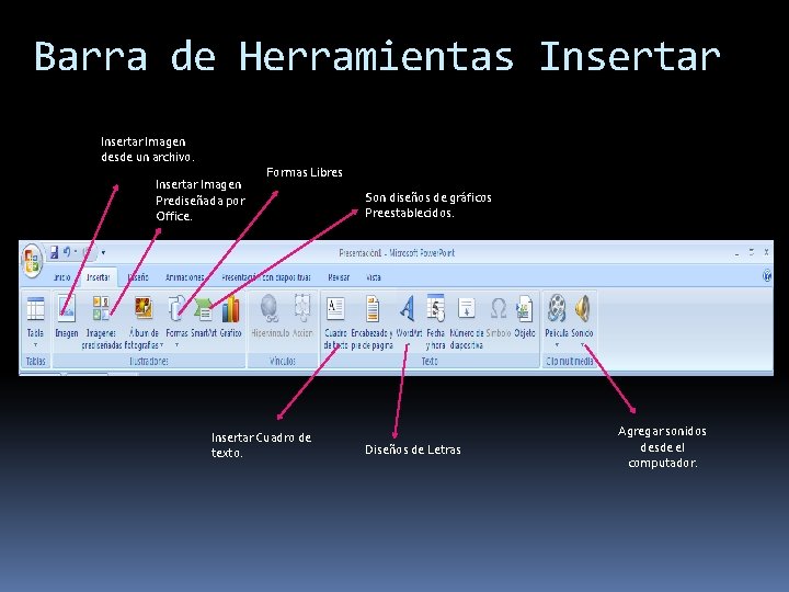 Barra de Herramientas Insertar Imagen desde un archivo. Insertar Imagen Prediseñada por Office. Formas