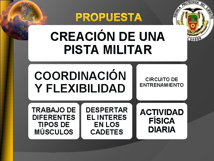 PROPUESTA CREACIÓN DE UNA PISTA MILITAR COORDINACIÓN Y FLEXIBILIDAD TRABAJO DE DIFERENTES TIPOS DE