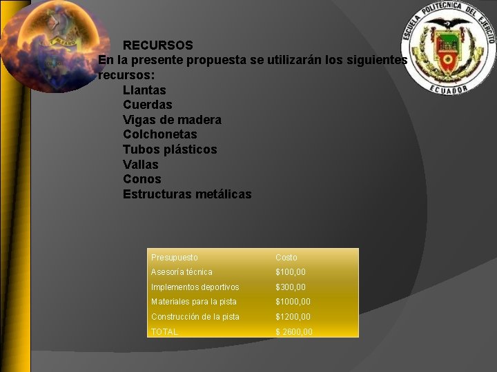 RECURSOS En la presente propuesta se utilizarán los siguientes recursos: Llantas Cuerdas Vigas de