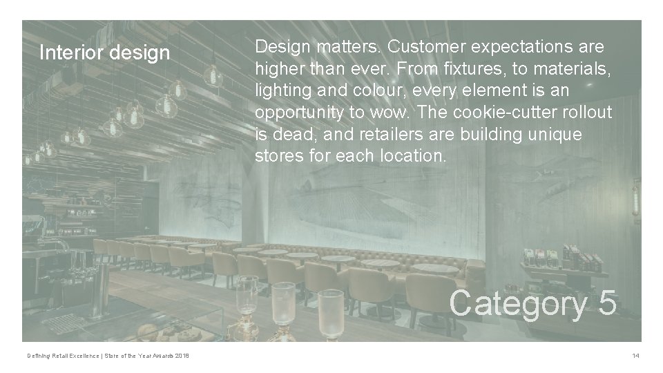 Interior design Design matters. Customer expectations are higher than ever. From fixtures, to materials,