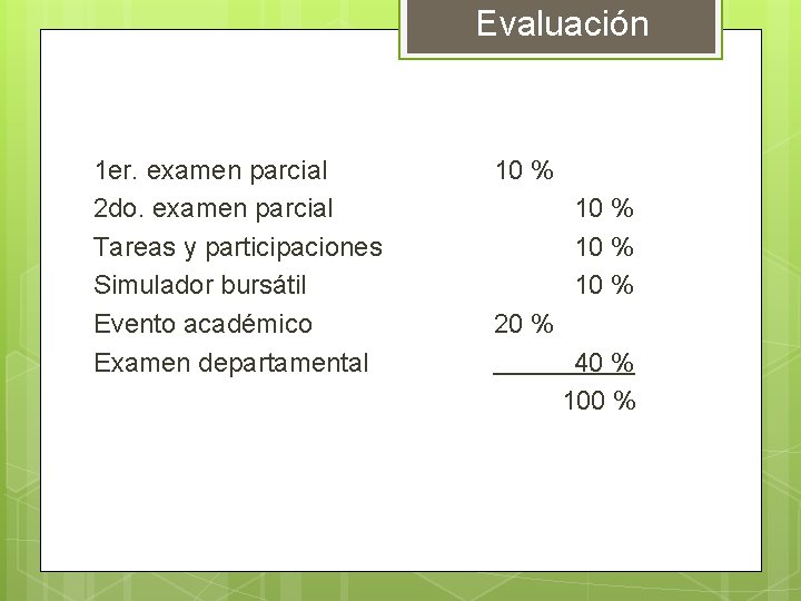 Evaluación 1 er. examen parcial 2 do. examen parcial Tareas y participaciones Simulador bursátil