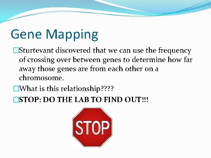 Gene Mapping �Sturtevant discovered that we can use the frequency of crossing over between