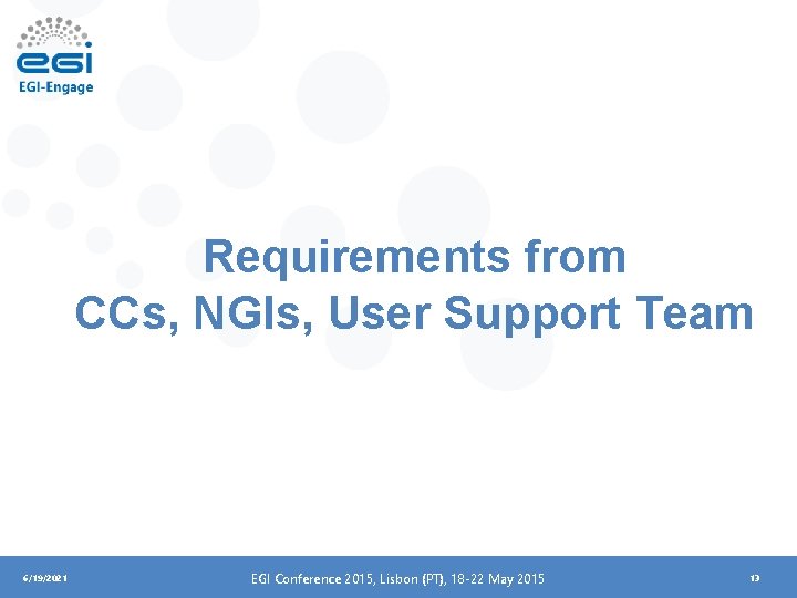 Requirements from CCs, NGIs, User Support Team 6/19/2021 EGI Conference 2015, Lisbon (PT), 18