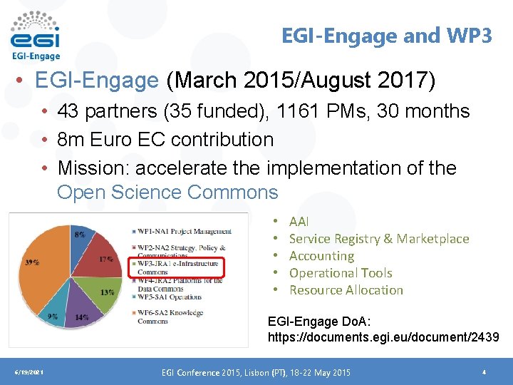 EGI-Engage and WP 3 • EGI-Engage (March 2015/August 2017) • 43 partners (35 funded),