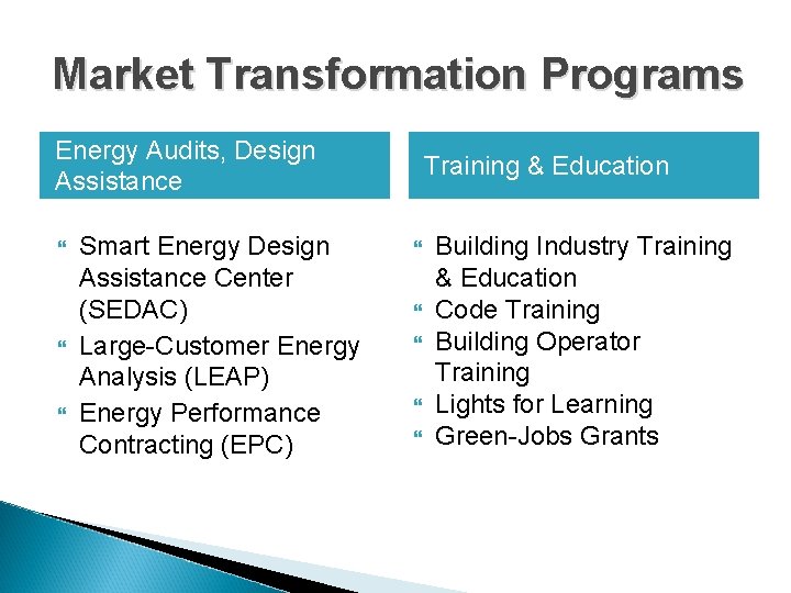 Market Transformation Programs Energy Audits, Design Assistance Smart Energy Design Assistance Center (SEDAC) Large-Customer