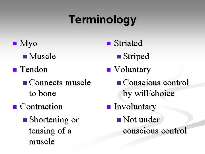Terminology Myo n Muscle n Tendon n Connects muscle to bone n Contraction n