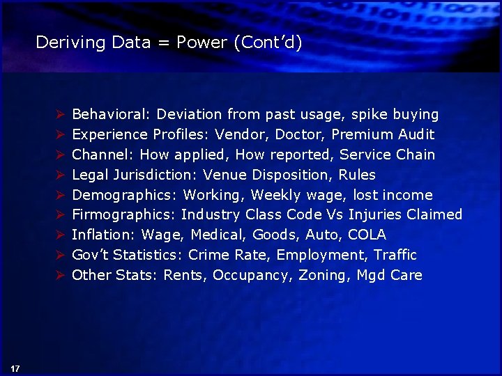 Deriving Data = Power (Cont’d) Ø Ø Ø Ø Ø 17 Behavioral: Deviation from